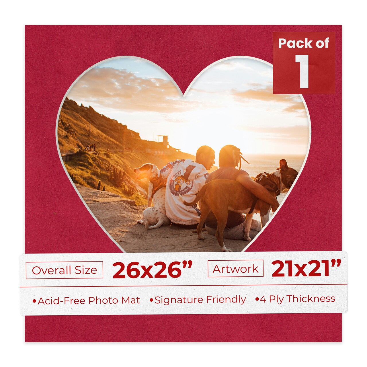 Red Suede Mat Board for 26x26 Frames - Heart Opening for 21x21 Photos